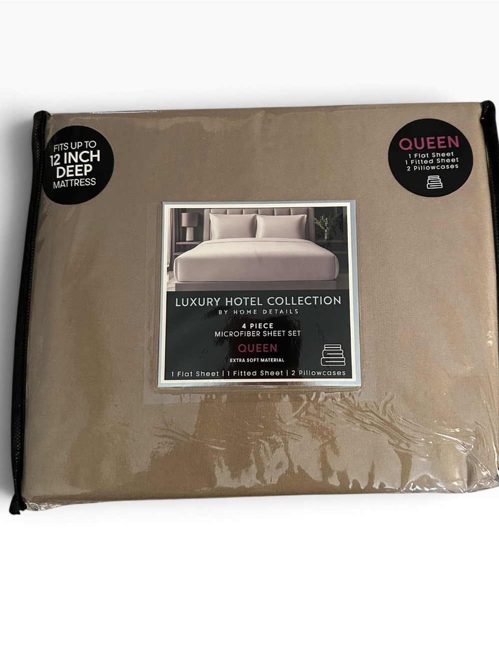 Luxury Hotel Collection Queen Microfiber Sheet Set 4 Piece Taupe Beige NWT